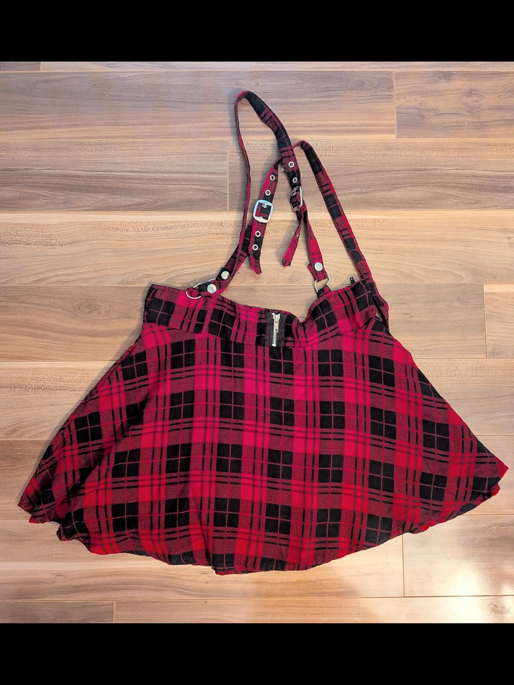 HEARTLESS Red Black Plaid Suspender Skater Skirt Mall Goth Grunge - Medium